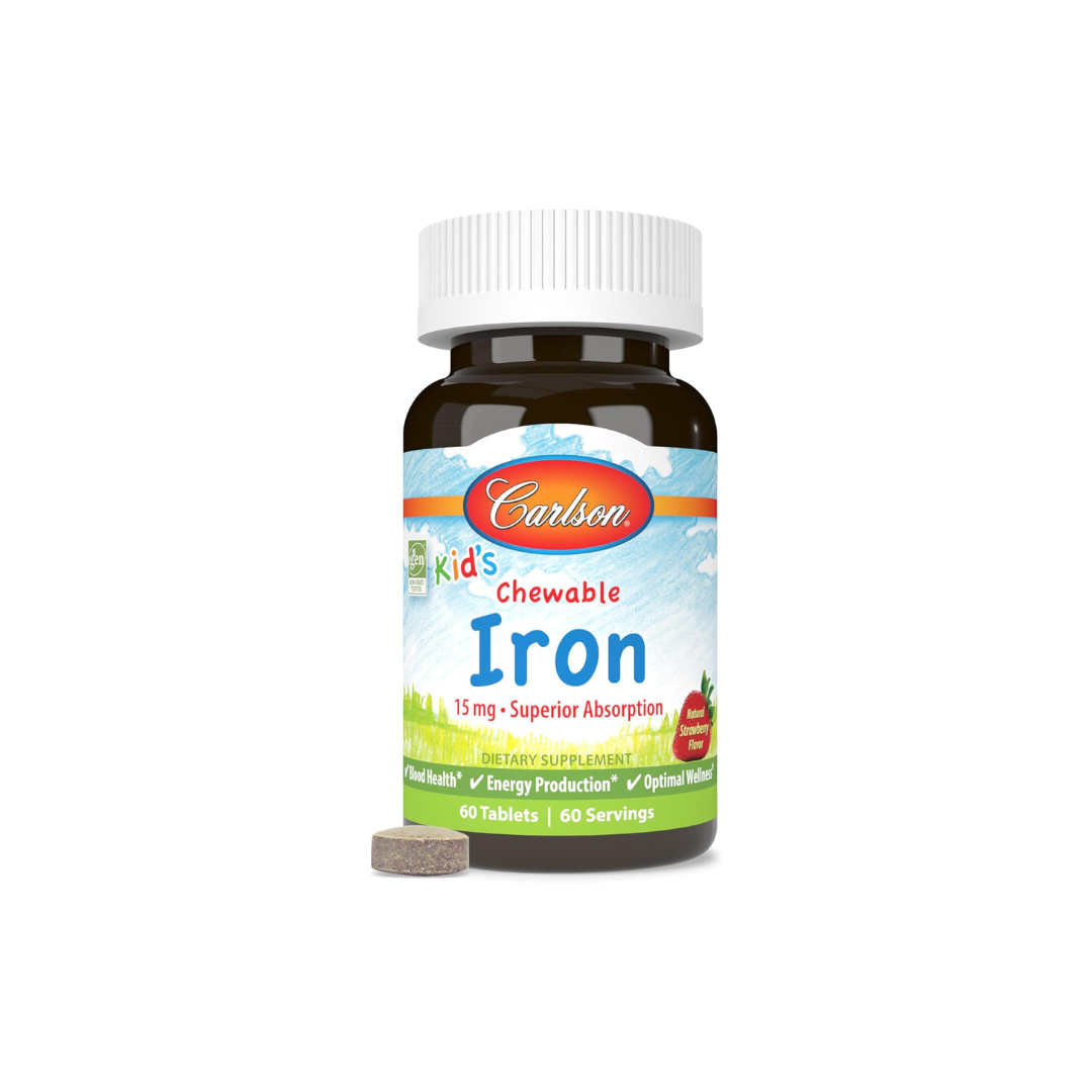 Carlson - Kid's Chewable Iron, 15 mg, Non-GMO, Strawberry, 60 Chewable Tablets