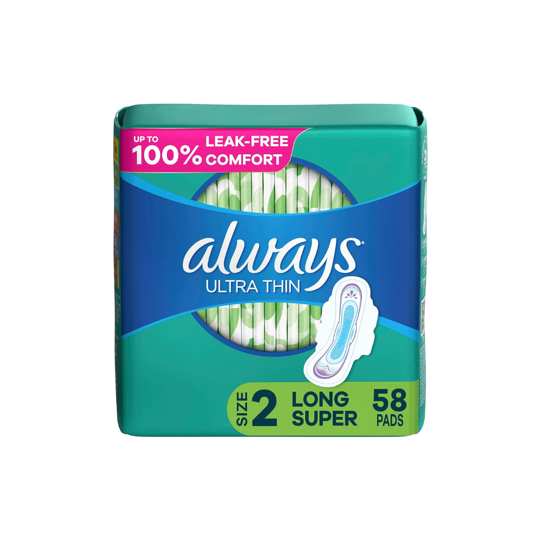 Always, Ultra Thin Pads For Women, Size 2, Long Super Absorbency With Wings, 58 Count