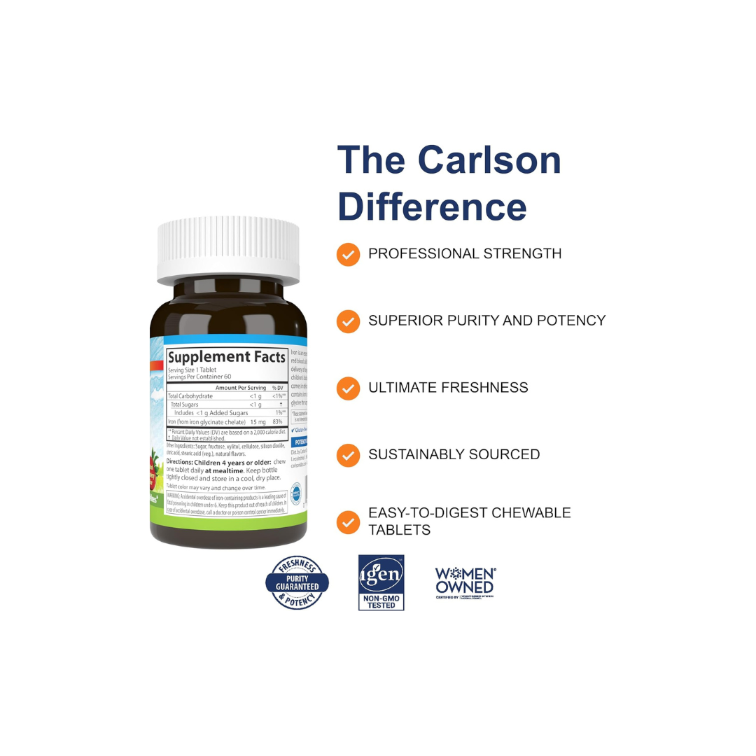 Carlson - Kid's Chewable Iron, 15 mg, Non-GMO, Strawberry, 60 Chewable Tablets
