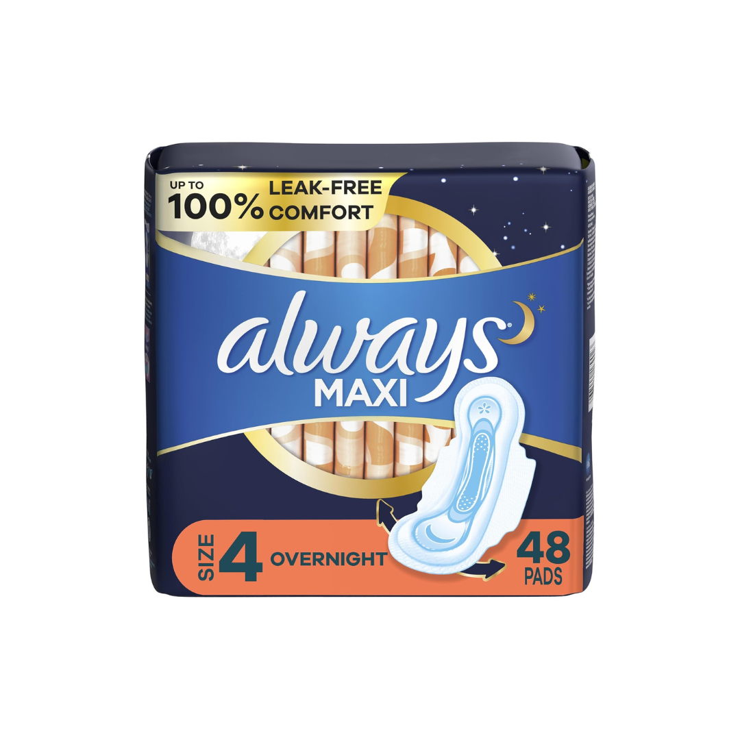Always, Maxi Pads For Women, Size 4, Overnight Absorbency With Wings, 48 Count