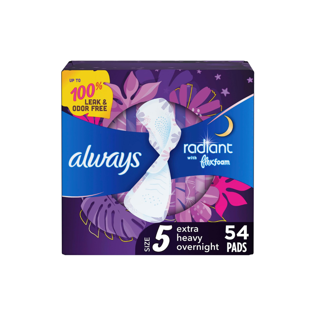 Always Radiant with FlexFoam Pads, Size 5, Extra Heavy Overnight Absorbency 54 Count