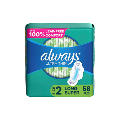 Always, Ultra Thin Pads For Women, Size 2, Long Super Absorbency With Wings, 58 Count