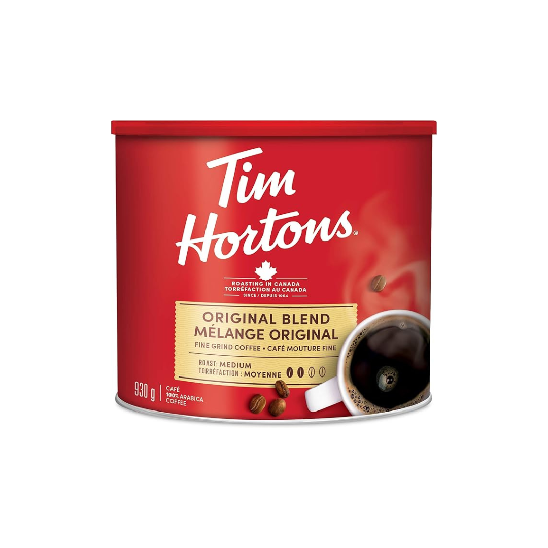 Tim Hortons Original Blend, Fine Grind Coffee, Medium Roast, 930g Can, red