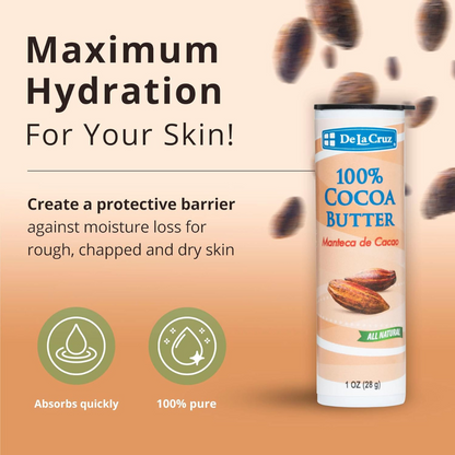 De La Cruz Cocoa Butter Stick - 100% Pure and Natural Cocoa Butter For Dry, Rough Skin 1 oz
