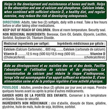 Nature's Bounty Calcium Pills plus Vitamin D3 Supplement, 1200mg, 200 Softgels
