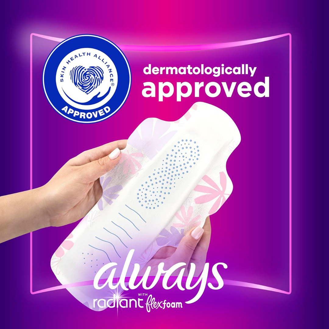 Always Radiant with FlexFoam Pads, Size 5, Extra Heavy Overnight Absorbency 54 Count