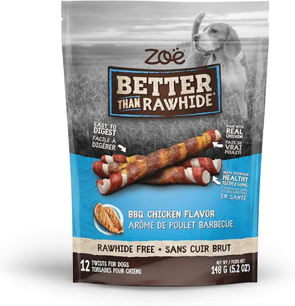 Zoe Better Than Rawhide Twists for Dogs, BBQ Chicken Flavor, 12 Pack (5.2 oz)