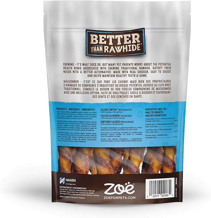 Zoe Better Than Rawhide Twists for Dogs, BBQ Chicken Flavor, 12 Pack (5.2 oz)