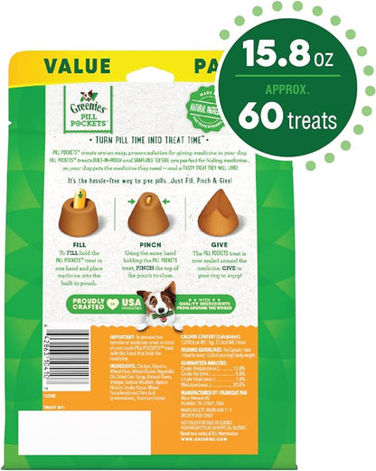 GREENIES PILL POCKETS Capsule Size Natural Soft Dog Treats Chicken Flavor, (60 Treats) 15.8oz. Pack