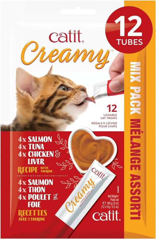 Catit Creamy Lickable Cat Treat, Healthy Cat Treat, Assortment, 12 tubes (Pack of 1)