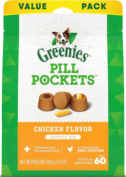 GREENIES PILL POCKETS Capsule Size Natural Soft Dog Treats Chicken Flavor, (60 Treats) 15.8oz. Pack