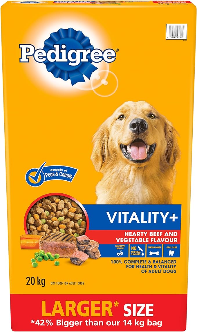 PEDIGREE VITALITY+ Adult Dry Dog Food, Hearty Beef and Vegetable Flavour, 20kg (Pack of 1)