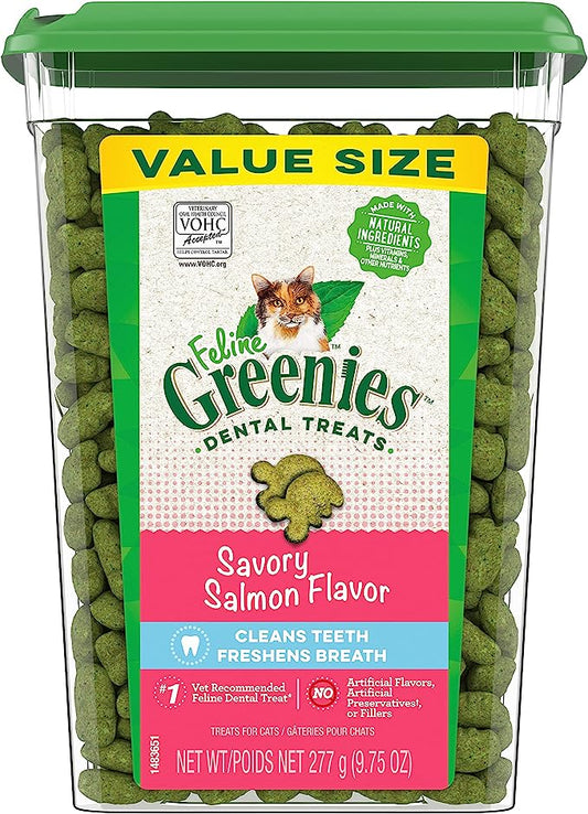 FELINE GREENIES Adult Cat Treats Natural Dental Care, Savory Salmon Flavour, 9.75oz. Tub